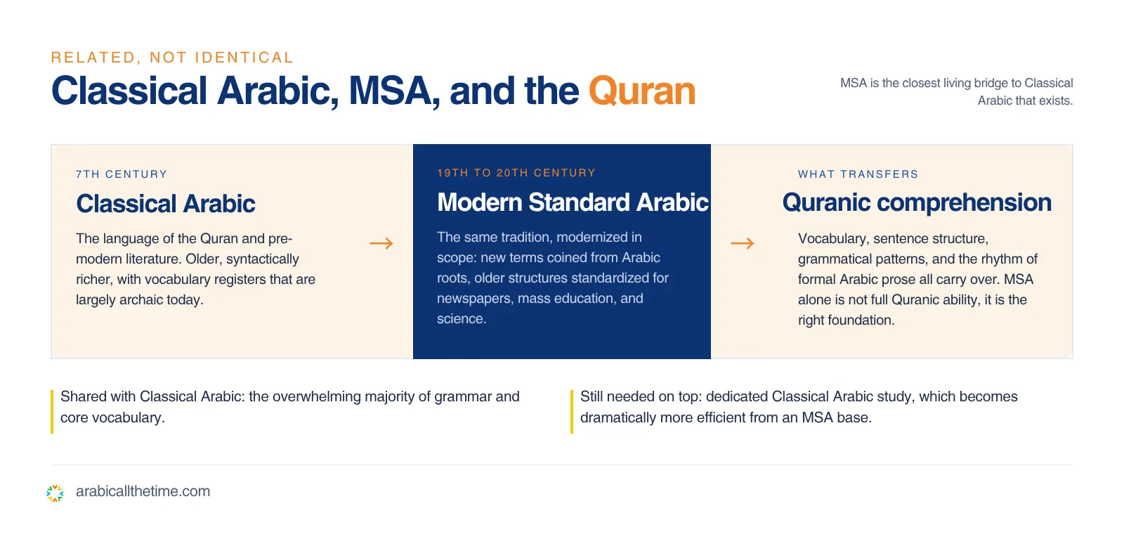 Timeline graphic detailing the linguistic lineage from 7th-century Classical Arabic to modern-day Modern Standard Arabic (MSA). It explains that studying MSA provides a foundation for Quranic comprehension because it shares core grammar and vocabulary with Classical Arabic, making it the closest living bridge to the language of the Quran.