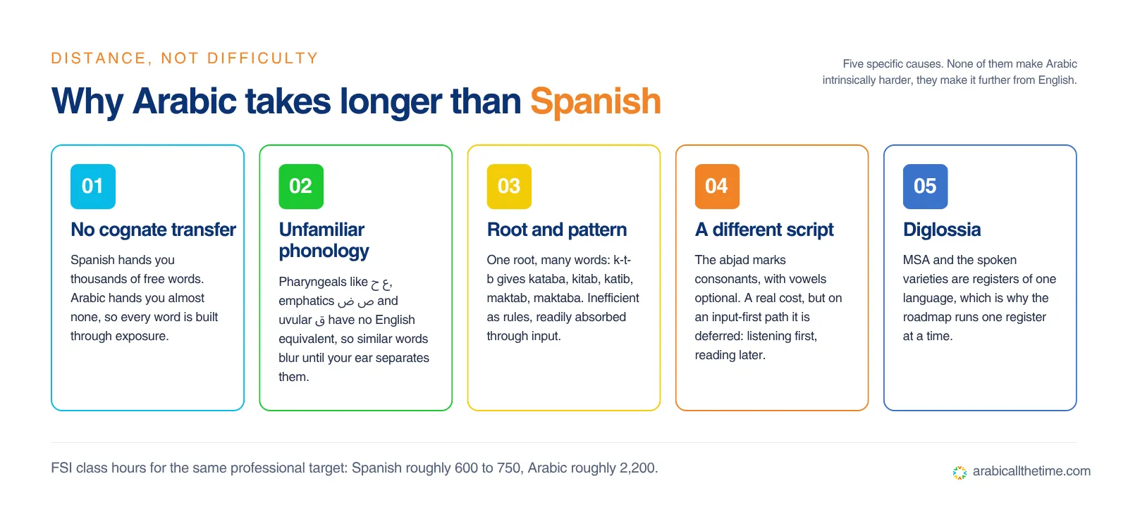 Explanatory graphic detailing why learning Arabic takes longer than Spanish for English speakers, emphasizing linguistic distance rather than intrinsic difficulty. It lists five primary causes: lack of cognate transfer, unfamiliar phonology, the root and pattern vocabulary system, a different writing script, and diglossia. The graphic notes the Foreign Service Institute (FSI) estimates of 600 to 750 class hours for Spanish compared to 2,200 hours for Arabic.